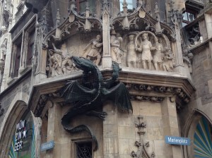 Dragon statue in Marienplatz symbolizing the Black Death.