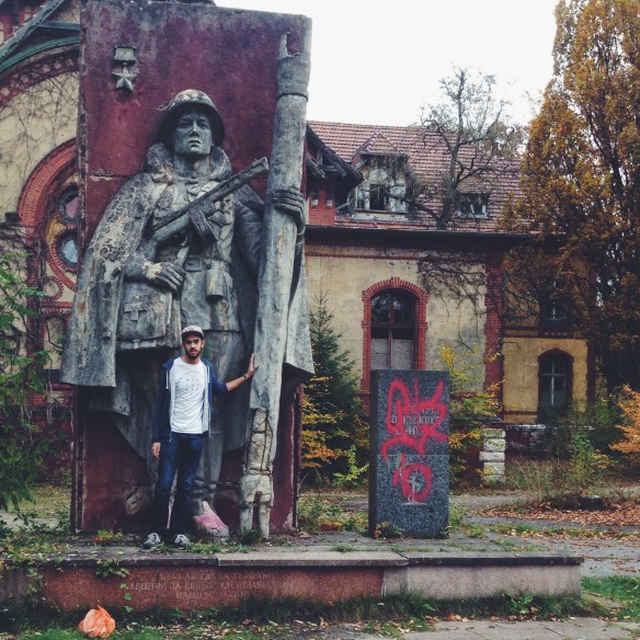 Statue of communist soldier in front of the Men's Pavilion