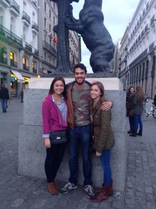 Us with the symbol of Madrid, a bear and a tree. The guy we asked to take a photo cut off the top of the statue, obviously unaware why we wanted the photo.